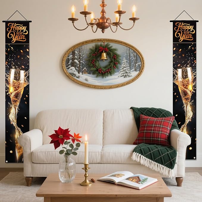 Nuxovilar New Year Decorations Outdoor Yard Front Porch Sign Set, Gold Champagne Glass "Happy New Year" Door Banners, Hanging Decor for Home