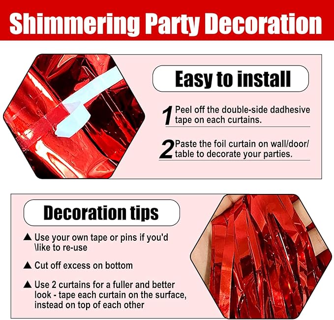 3 Pack Red Foil Fringe Curtain Backdrop, 3.28Ft x 6.6Ft Metallic Tinsel Foil Fringe Streamer Curtains for Photo Booth, Christmas Day, Thanksgiving, Wedding, New Year Party Decorations