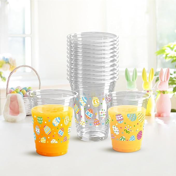 100 Pcs Easter Plastic Cups, 16 Oz Colorful Eggs Disposable Clear Party Cups for Spring Easter Party Decoration Supplies Cold Drinking Beverage Ice Cream Snacks