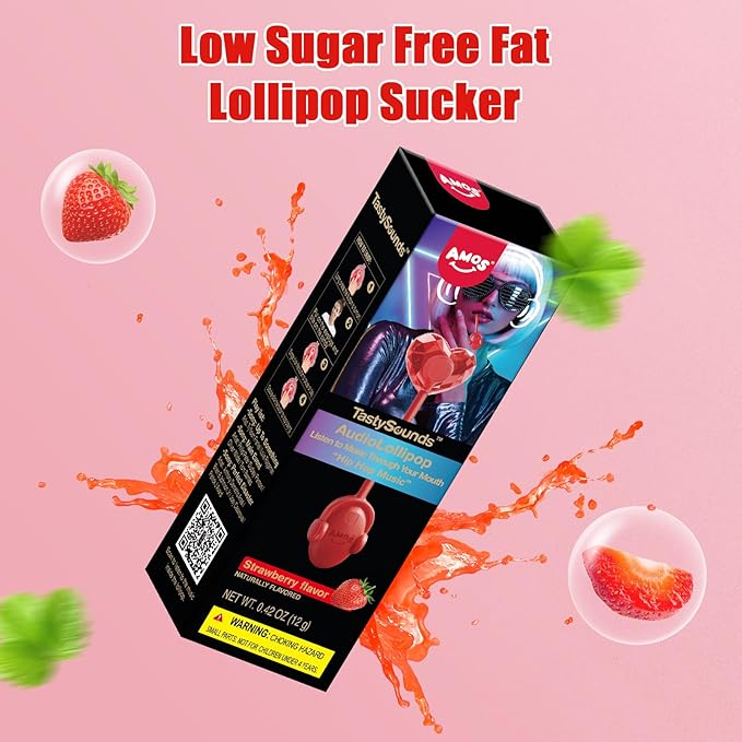 AMOS TastySounds Audio Lollipop 2-Pack Combo - Strawberry & Blueberry Flavors, Bone Conduction Music Candy with Earbud Design