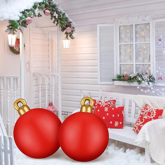 2 Pieces 32 Inch Giant PVC Inflatable Christmas Decorated Ball Ornaments Outdoor Large Xmas Blow Ball Decorations for Christmas Themed Party Ornaments(Solid,Red)