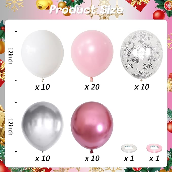 Pink Winter Wonderland Balloons, 60PCS Pearl White & Pink Double Stuffed Balloons, Metallic pink Silver and Snow Balloon for Princess Ice Wonderland Baby Shower Christmas Birthday Party Decorations