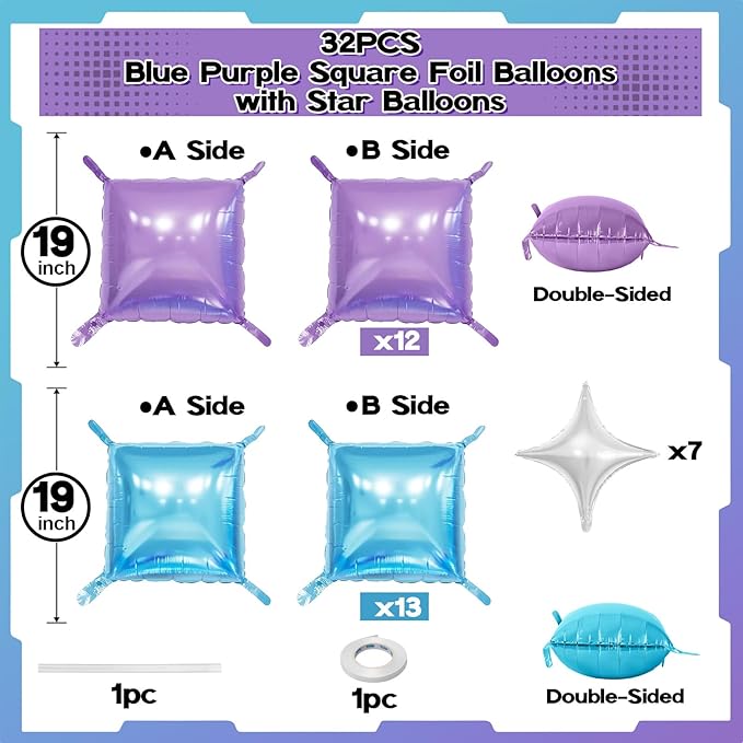 32PCS Blue and Purple Square Foil Balloons Wall with Star Foil Balloon, Double Sided Frozen Snowflake Light Purple Blue Balloon Backdrop Tunnel Arch Kit for Winter Birthdays Under the Sea Theme Decor