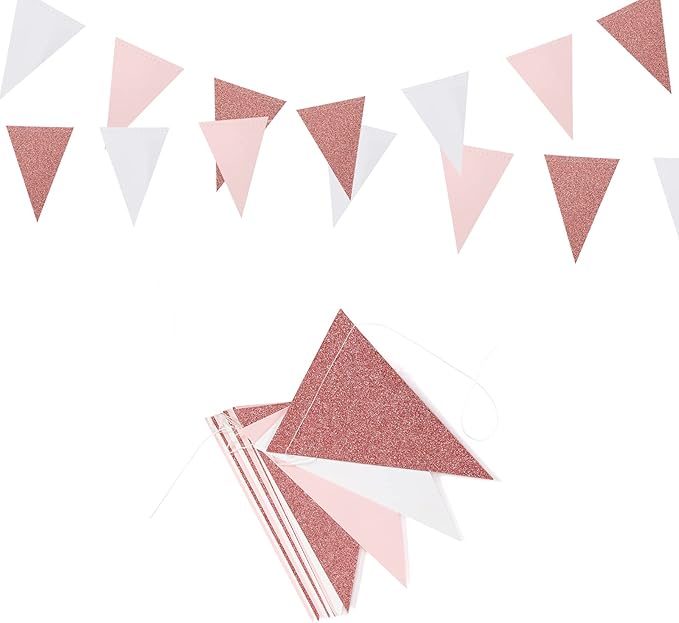 Pink-White Rose-Gold Party Decorations Banner - 2 Pack Valentines Mothers Day Engagement Baby Bridal Shower Paper Pennant Triangle Flags,Girl Birthday Bachelorette Wedding Bunting Lasting Surprise