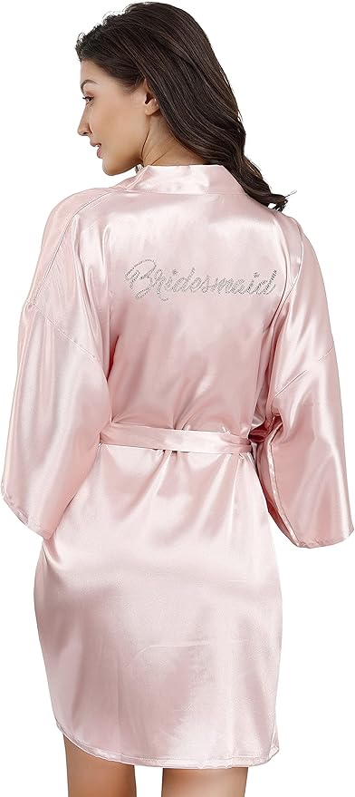 EPLAZA Women's One Size Silver Rhinestones Bride Bridesmaid Short Satin Robes for Wedding Party Getting Ready
