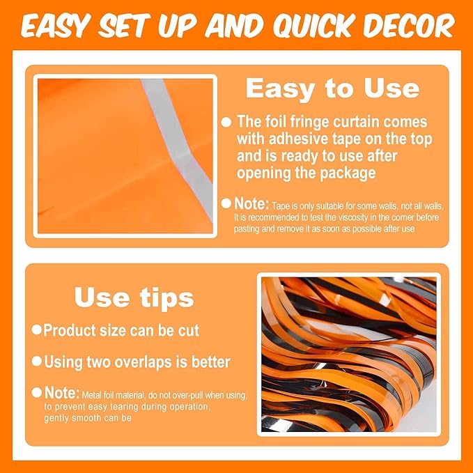 6 Pack Black Orange Foil Fringe Curtains Backdrop, 3.28 x 9.8 Ft Metallic Streamers Tinsel Curtains Background for Photo Booth, Birthday, Halloween, Christmas, Thanksgiving, New Year Party Decorations