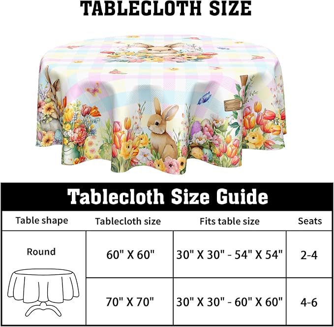 Easter Rabbit Round Tablecloth Pink Blue Pliad Circle Table Cloth 70 Inch Farmhouse Floral Table Cover Washable Polyester Indoor Decorations for Home Kitchen Dinning Party