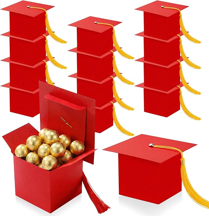 TaoBary 12 Pieces Graduation Candy Box Graduation Decorations Party Gift Boxes Graduate Cap Box Candy Chocolate Cookie Supplies for Ceremony Party(Red)