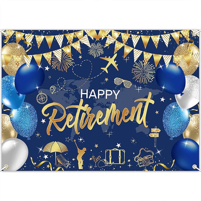 Mocsicka Happy Retirement Backdrop Pink Rose Gold Balloons Women Happy Retirement Banner Party Decorations Photo Booth Props (Blue Gold, 8x6ft)
