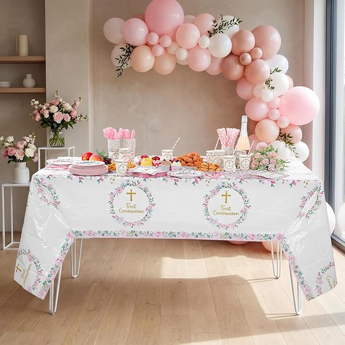 Ceenna 452 Pcs First Communion Party Decoration Girl for 50, Pink Baptism Paper Plate Napkin Cup Tablecloth Cutlery Straw God Bless Disposable Tableware for Christening Religious Baby Shower Supplies