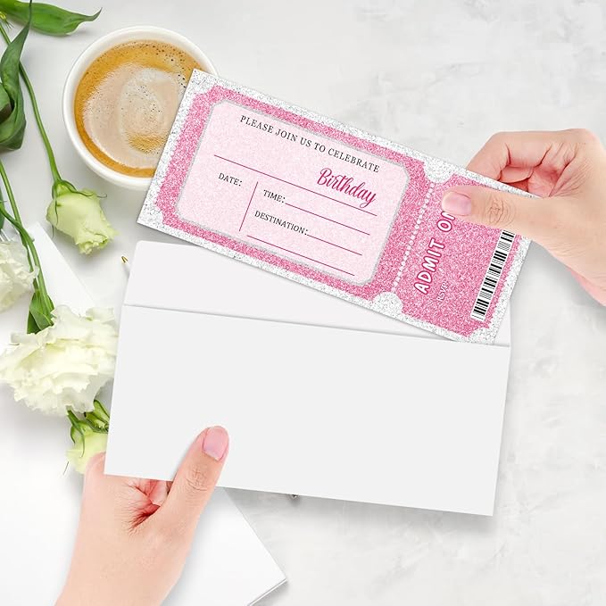 Pink Glitter Birthday Invitation Ticket, Glitter Invitation for Girls Teens, 20 Ticket With Envelopes, 3.5 x 8 inch Double-Sided Fill In Birthday Party Personalized Invites Cards - B