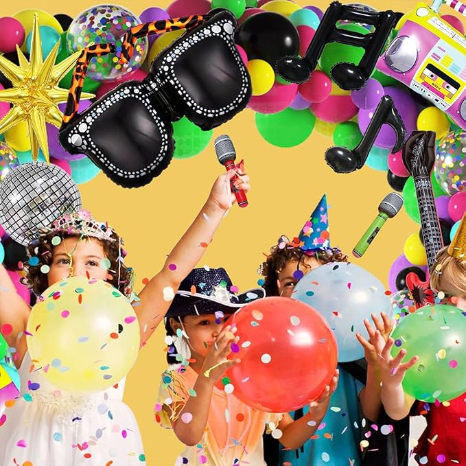 JOGAMS 80s 90s Party Decorations 165Pcs Balloons with Retro Inflatable Guitar Microphone Glasses Music Note Disco Ball Balloons for Back to 90s 80s Hip Hop Rock Theme Birthday Prom Party