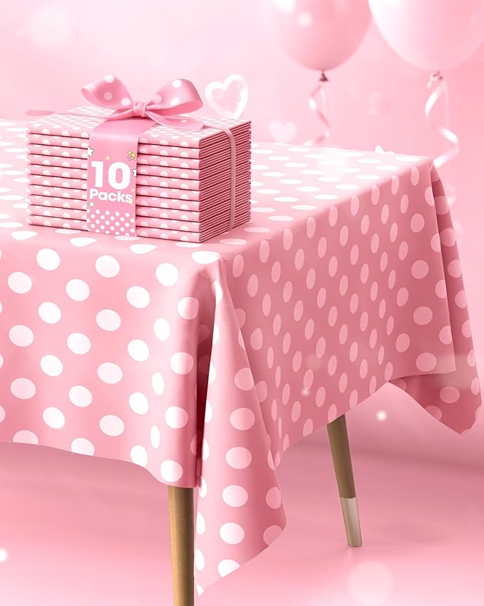 Pureegg Plastic Table Cloth Disposable 10 Pack, 54 x 108 Inch Table Cloths, Birthday, Wedding, Pink Girl Party, Picnic, Decorative Tablecloths, Rectangle Cover, Leakproof & Sturdy, Pink Polka Dot