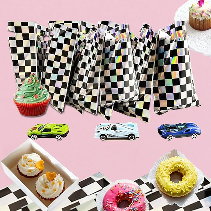 OasiZephauride 30PCS Race Car Party Favors Bags,Iridescent Black and White Party Goodie bags,Checkered Gift Bags with Handles for Kids Birthday Candy Treat Bags, Car Themed Party Supplies