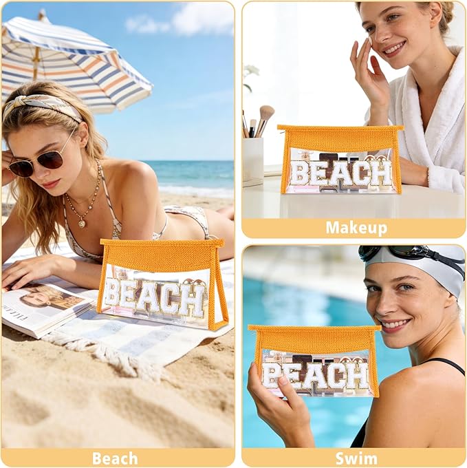 Beach Pouch Sunscreen Clear Makeup Bag Chenille Letter Beach Cosmetic Pouch Summer Essential Cute Toiletry Pouch Travel Accessories Gifts for Women