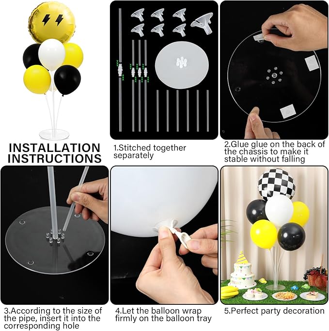 4 Sets Smile Party Balloons Stand Kit with Black White Checkered Foil Balloons Yellow Smile Face Themed Birthday Balloon Centerpiece for Tables for Girls Boys Birthday Baby Shower Party Decoration