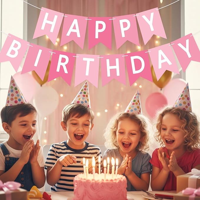 Happy Birthday Banner Sign, Birthday Garland Wall Door Hanging Banners Flag for Women Men Boys Girls Party Backdrop Decorations, Personalized Name Banner White Letters Pink and Light Pink