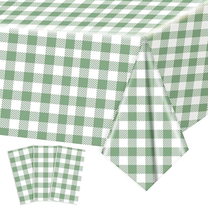 3 Pack Green Gingham Tablecloths, 54 X 108Inch Disposable Party Table Covers Scalloped Green Checkered Table Cloth Waterproof Green White Tablecloth for Birthday Barbecue Tea Party Wedding
