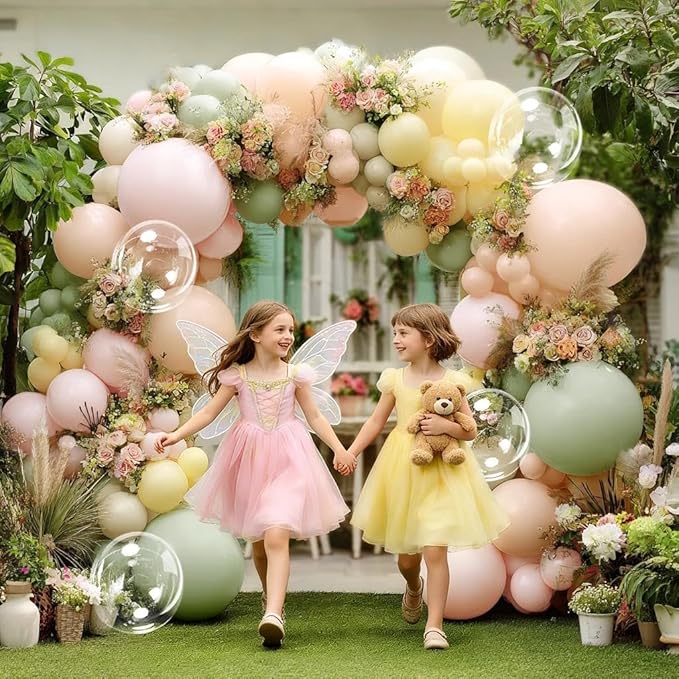 Pink Green Yellow Balloon Arch Kit, Double Stuffed Sage Green Pastel Pink Yellow White Sand Balloon Garland Beige Cream Balloons for Baby Shower Birthday Wedding Easter Fairy Flower Tea Party Decor