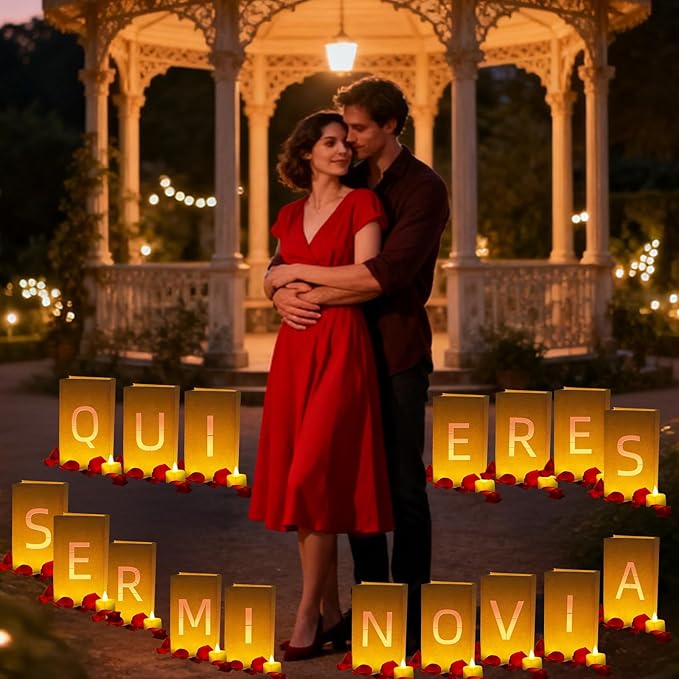 Quieres Ser Mi Novia Light Up Letters, Include Light up Letters, with Tea Lights Candles, Latex Balloons, Aluminum Balloons and Rose Petals, Anniversary and Valentines' Day Decorations for Women