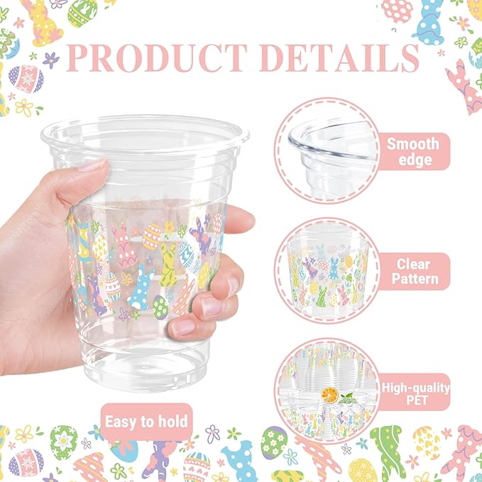 100 Pcs Easter Plastic Cups, 12 Oz Rabbit Bunny Eggs Disposable Clear Party Cups for Spring Easter Party Decoration Supplies Cold Drinking Beverage Ice Cream Snacks