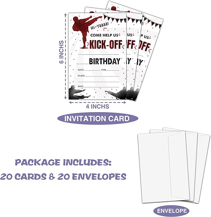 Karate Birthday Party Invitation, Martial Arts Themed Fill-In Invites, 20 Invitations With Envelopes for Man (4" X 6"), Adults Ninja Party Favors Decorations and Supplies -43