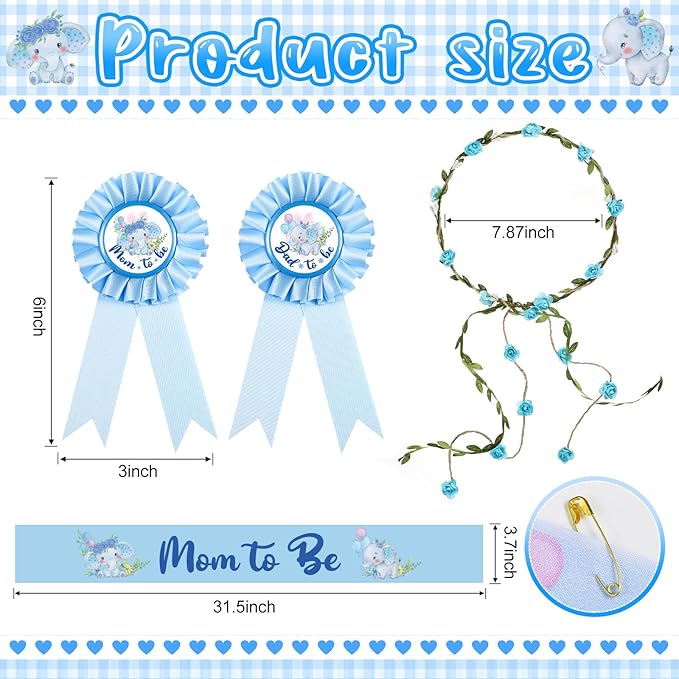 Chunful Elephant Theme Baby Shower Sash Mom to Be Sash and Dad to Be Pin Flower Crown for Gender Reveals Party Baby Shower Party Favors Decorations for Boys and Girls Pregnancy Props Gift (Blue)