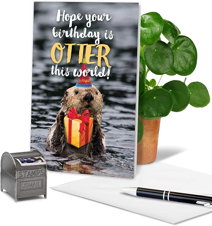NobleWorks - 1 Happy Birthday Card with Funny Animals - Wildlife and Pet Humor, Fun Birthday Celebration Notecard - Otterly Awesome E C6574EBDG