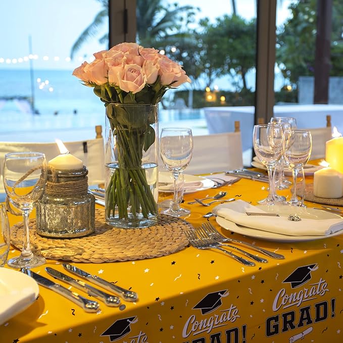 Gatherfun Graduation Party Decorations, Gongrats Grad Tablecover for Graduation Party Supplies, 3 pcs Yellow Table Cloths, 54"x108"