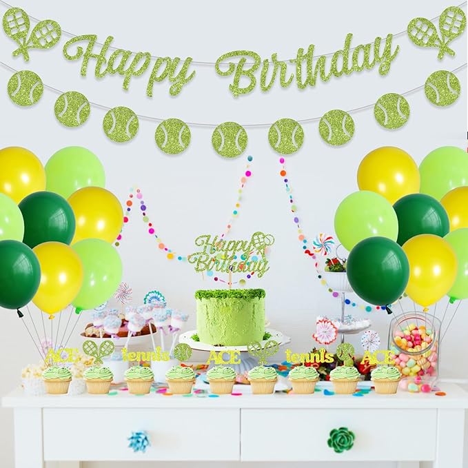 Green Tennis Sports Themed Decor - Latex Balloons, Cake Toppers, Glitter Banners & Baby Shower Inspirations