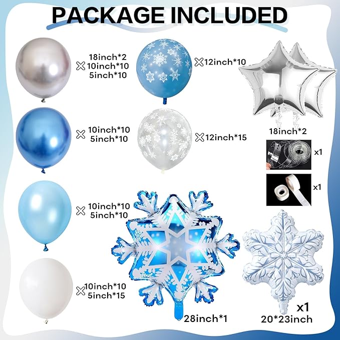 Snowflake Balloon Garland Arch Kit Winter Snowflake Balloons with Silver Blue White Snow Confetti Latex Balloon for Winter Wonderland Christmas Baby Shower Princess Birthday Party Decor