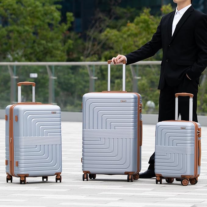 Romswi 3 Piece Luggage Sets, Expandable PC+ABS Hardshell Suitcase Set with TSA Lock YKK Zipper and Dual Spinner Wheels, Large Checked Travel Suitcases, 20/24/28 Inch, Silver