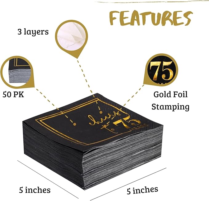 Cheers to Years Cocktail Napkins - 50 PK - 3-Ply Birthday Napkins 5x5 Inches Disposable Party Napkins Beverage Paper Napkins or Birthday Decorations Wedding Anniversary Black and Gold (75 Years)