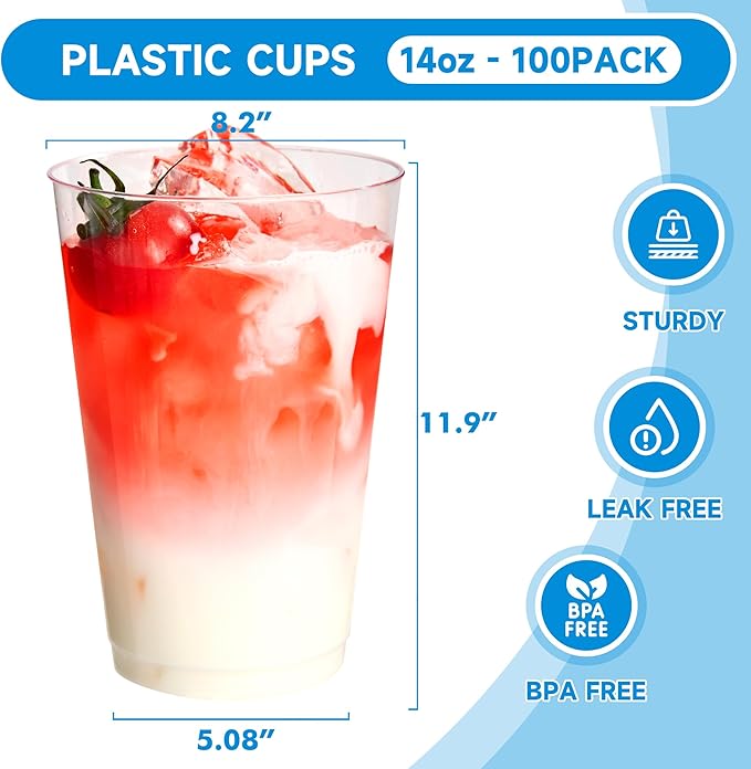 RACETOP 14 oz 100 Pack Disposable Plastic Cups, Disposable Clear Plastic Cups for Parties, Weddings, Gatherings, and Festival Events
