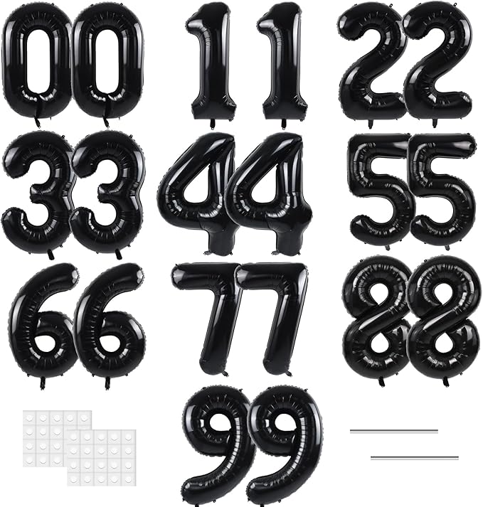 TONIFUL Number Balloons 16 Inch Black 2 Set 0-9 Number Mylar Foil Balloons 20 Pcs Custom digitalal for 2026 New Year Eve Birthday Party Engagement Graduations Anniversary Baby Shower Decor