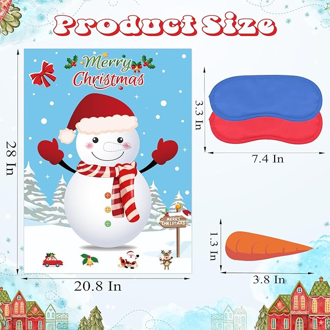 WNINK Pin The Nose on The Snowman Game, Christmas Games, Christmas Party Activities with 36 pcs Nose Stickers and Blindfold for Kids, Adults, Family Holiday Fun