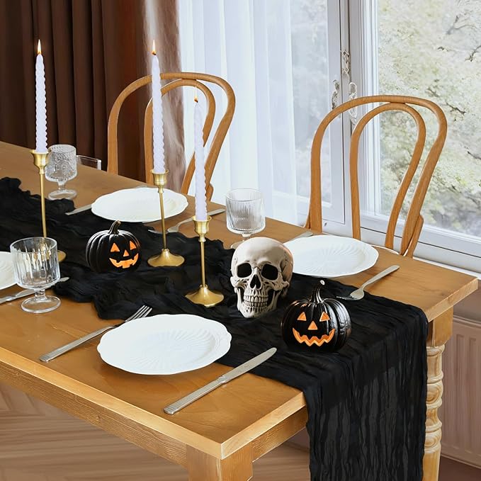 Halloween Table Runner, 10FT Black Cheesecloth Table Runner 35*120inch Black Halloween Decor for Halloween Indoor Table Kitchen Party Decorations