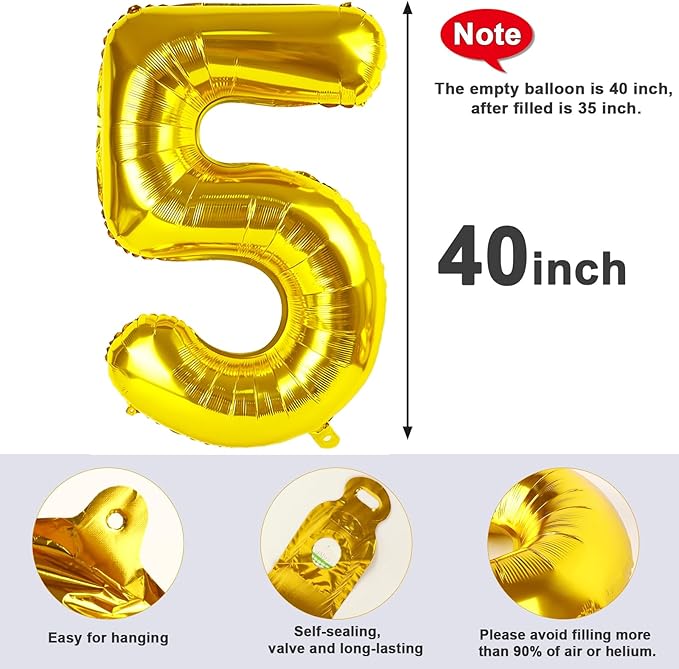 Balloon Numbers 40 Inch 5 Ballon for 5th Birthday Decorations, 15 25 35 50 Big Gold Number Balloons for Wedding Photo Shoot Party Decor