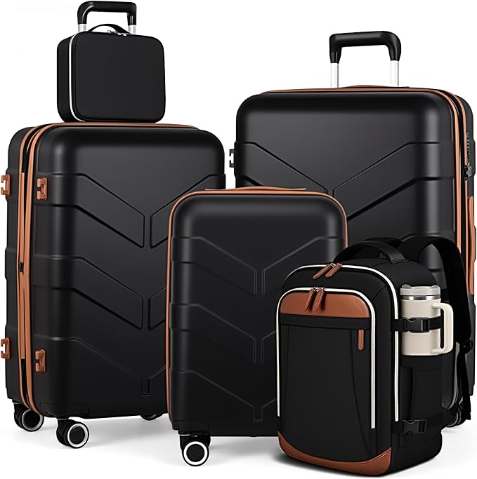 TILYMOL Luggage Sets 5 Piece - Expandable Suitcase Set with TSA Lock & Spinner Wheels, Lightweight PP Hardshell Travel Luggage for Men Women, Black