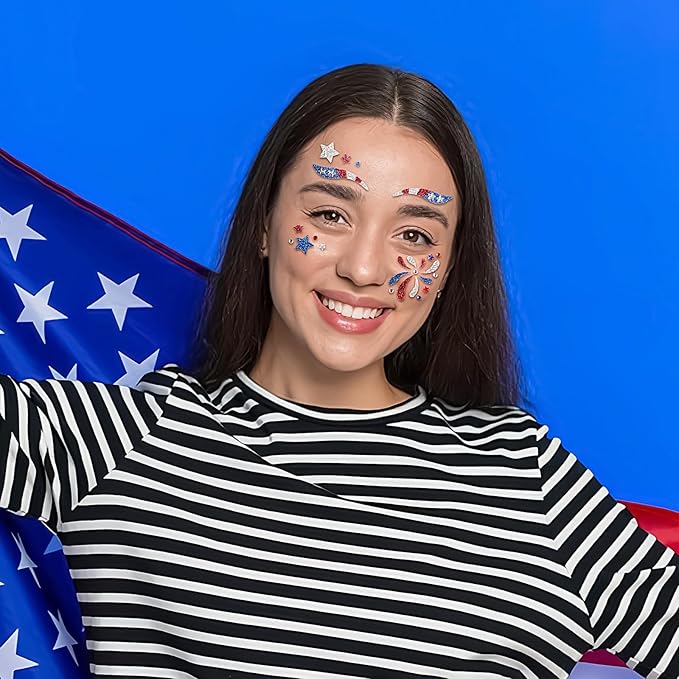 2 Sheets USA Flag & Stars Glitter Face Tattoo Jewelry, 4th of July Celebration Face Gems with Assorted Designs, Sparkle Red Blue Glitter in Independence Day, Parades, Parties & More (style4)
