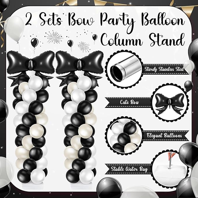 Kasyat 2 Sets Black Bow Balloon Column Stand Kit with 2 Black Bow Foil Balloons 100 Latex Balloons, Adjustable Stands Black and White Balloon Garland Arch for Bridal Princess Birthday Coquette Party