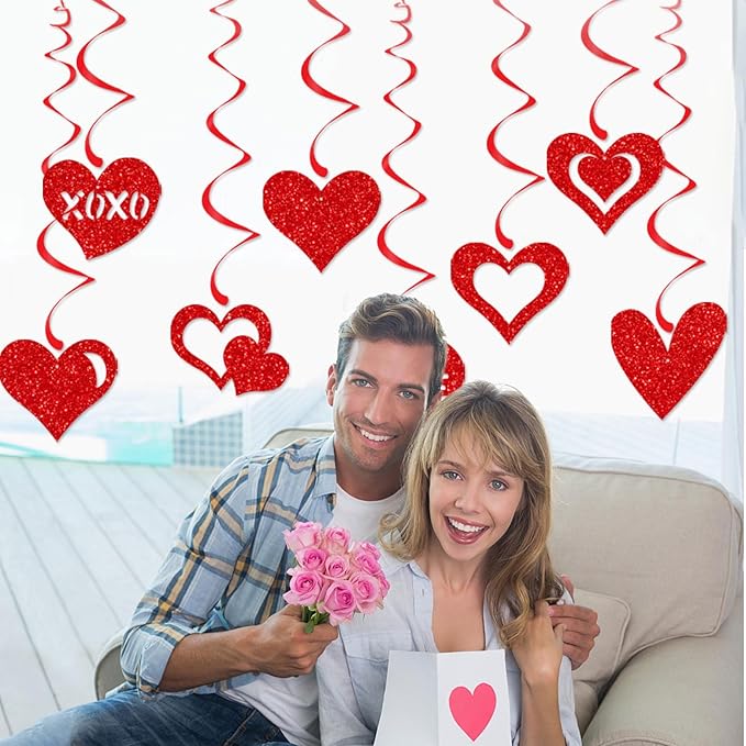 Red Heart Swirls Party-Decorations - 16Pcs Romantic Special Night Galentines Hanging Streamers Garland,Valentines Girl Wedding Anniversary Baby Bridal Shower Birthday Decor Supplies Hugtmr