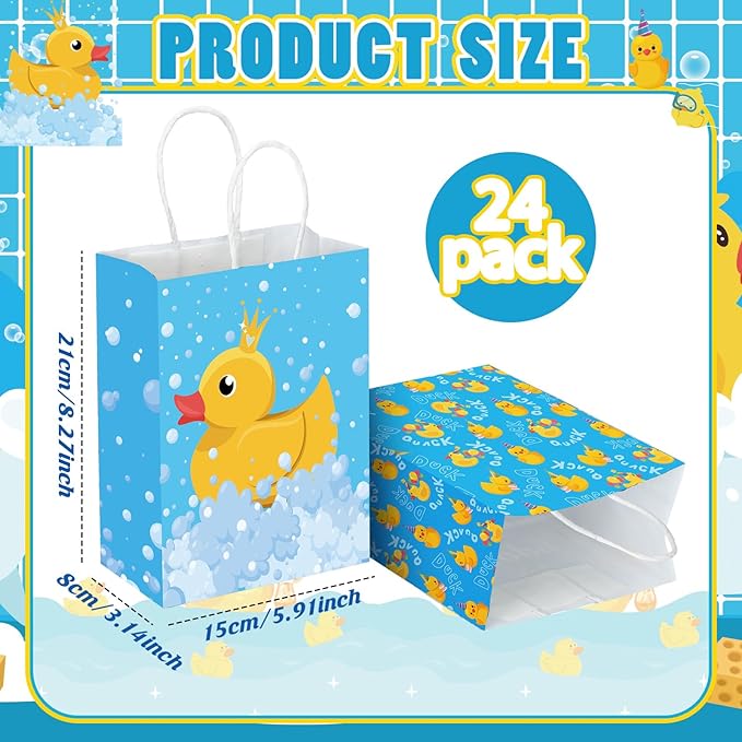 24pcs Yellow Duck Paper Bags with Handles Rubber Duckies Treat Gift Bags Candy Goodie Party Favor Tote Boxes for Baby Shower Birthday Duck Blue Party Supplies