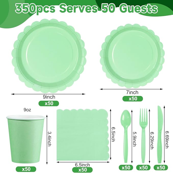 LIYH Love in your heart 350 Pcs Sage Green Party Supplies - Mint Green Paper Plates and Napkins, 50 Guests