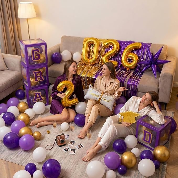 Purple Graduation Decorations 2026 Set of 4 GRAD Balloon Boxes with Balloon Arch Garland Kit mylar balloons Fringe Curtain So Proud of You 2026 prom Graduation kpop Decorations