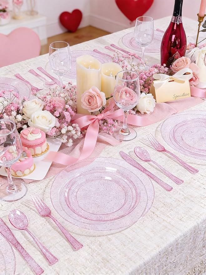 WDF 200PCS Pink Plastic Plates - Rose Gold Glitter Plastic Plates - Heavy Duty Pink Glitter Disposable Plates for Wedding Baby Shower Spring Birthday Easter