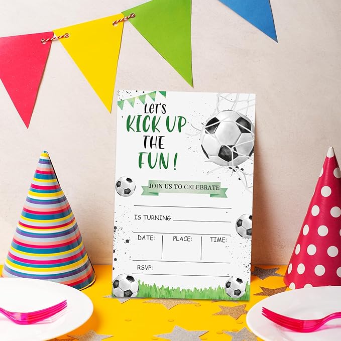 Soccer Birthday Invitations, Let's Kick Up the Fun Invites for Boys Girls, 4 x 6 inch, 20 Pcs Double-Sided Fill In Invitations with Envelopes