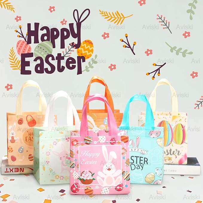 Aviski Easter Gift Wrapping Bags, 12PCS Multifunctional Non-Woven Bag with Handles, Treat Bags for Easter Party Supplies, Egg Hunt Game, 8.3x7.9x5.9inch