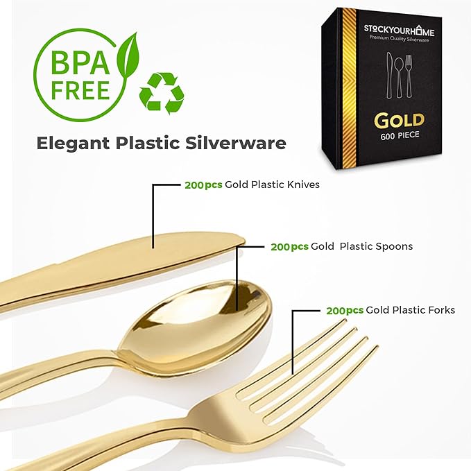 Gold Plastic Silverware Set (600-Pack) – Disposable Heavy Duty Cutlery, 200 Forks, 200 Knives, 200 Spoons for Parties, Weddings, Dinners & Holidays