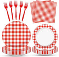 100 Pcs Red White Gingham Party Supplies Set, Serves 25 – Disposable Checkered Paper Plates, Napkins, and Forks, Classic Picnic Themed Tableware for BBQ, Outdoor, Birthday, Holiday Party Decorations